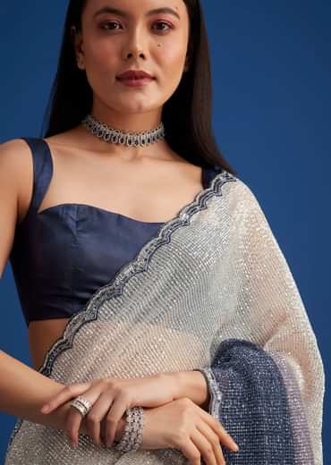 Teal Blue Sequins Saree With Scallop Embroidery Border