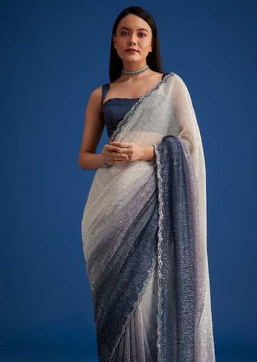 Teal Blue Sequins Saree With Scallop Embroidery Border