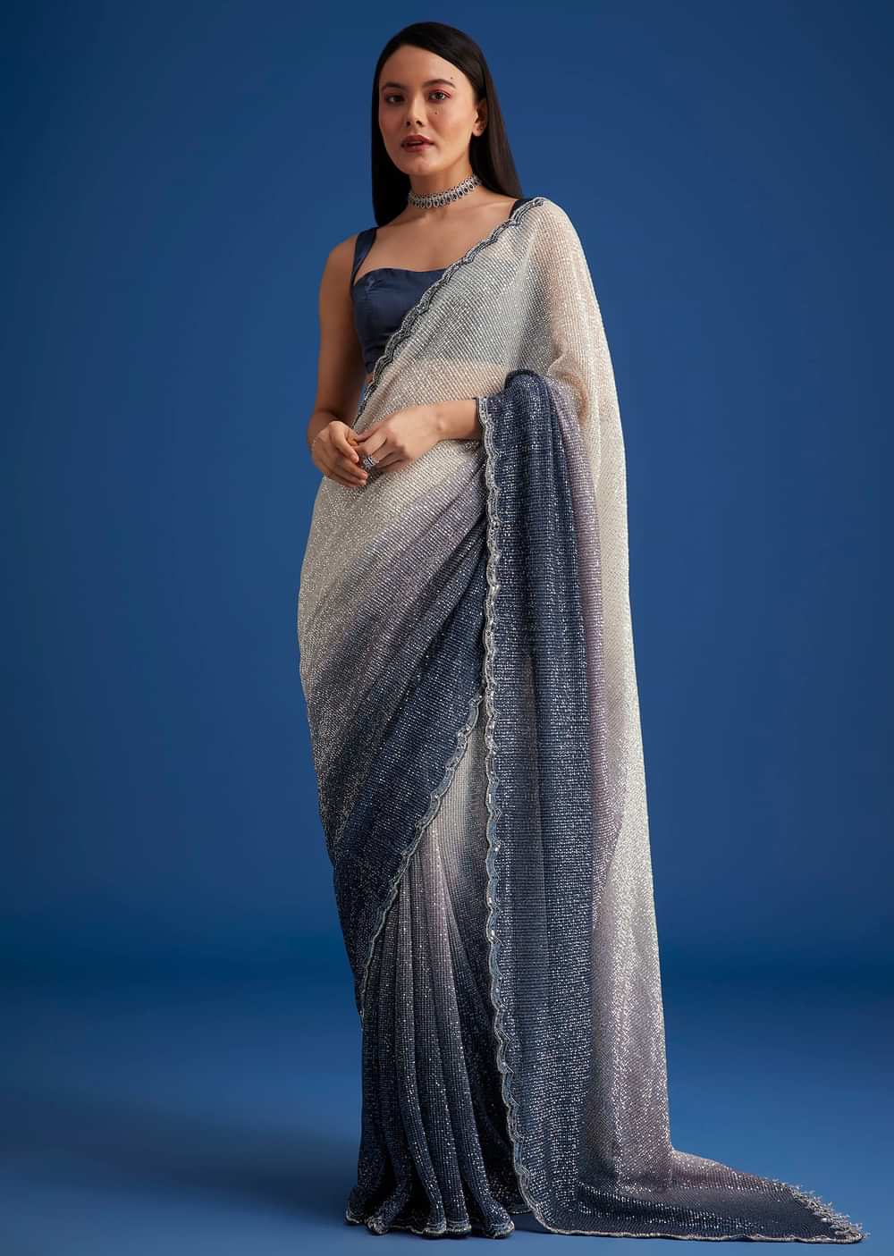 Teal Blue Sequins Saree With Scallop Embroidery Border