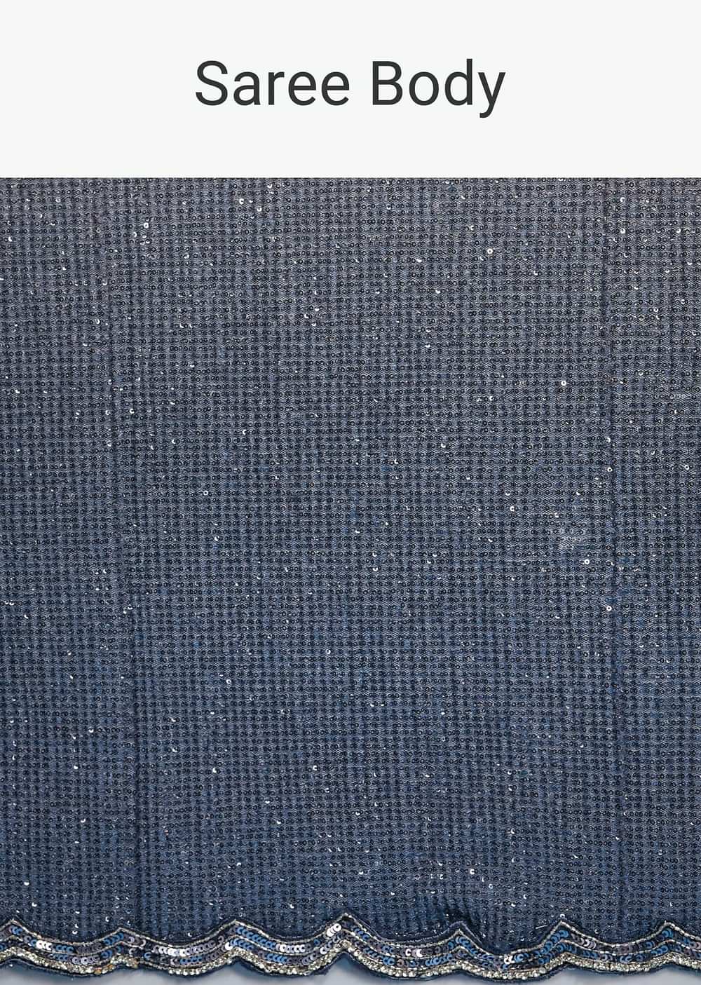 Teal Blue Sequins Saree With Scallop Embroidery Border