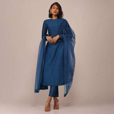 Teal Blue Suit Set With Tassel-Adorned Dupatta In Russian Art Silk