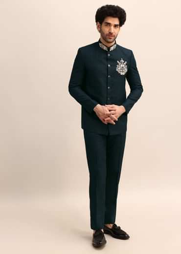 Teal Blue Thread Work Jodhpuri Suit For Men