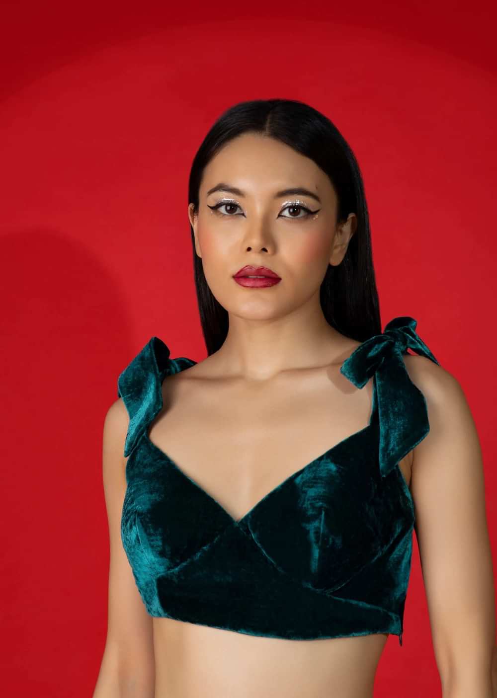 Teal Blue Velvet Blouse With Tie Up Straps On The Shoulder