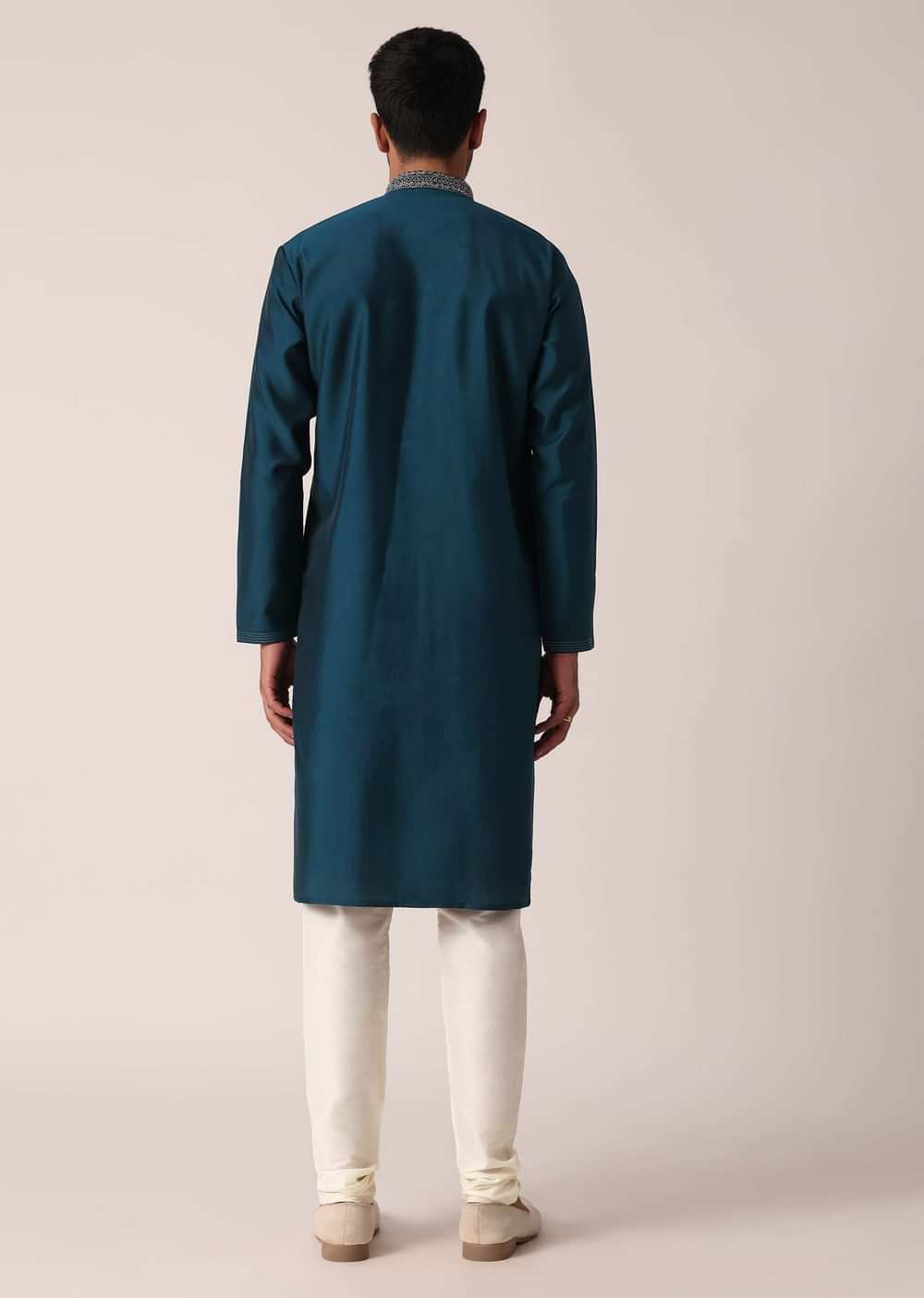 Teal Cotton Silk Kurta Set For Men
