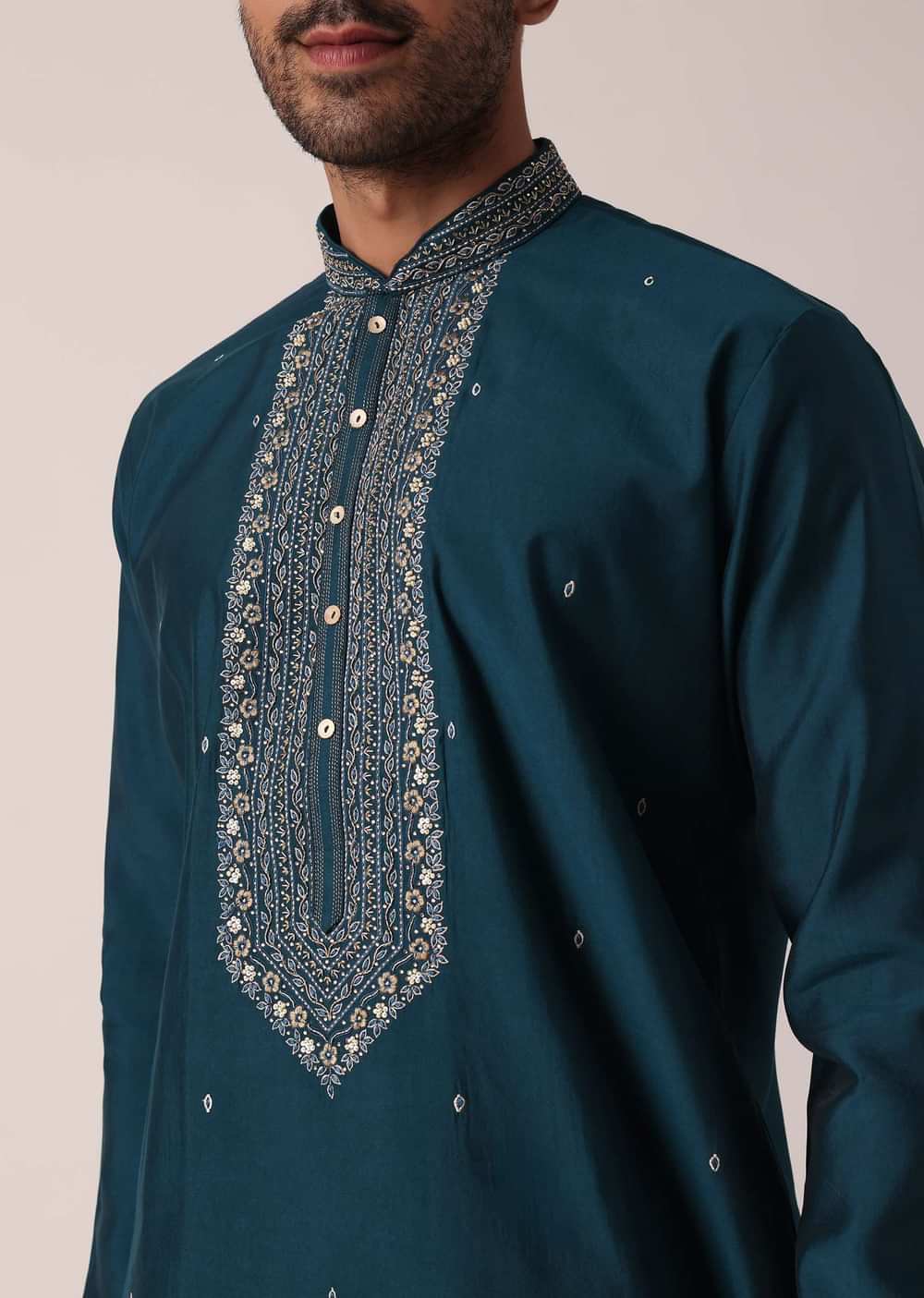 Teal Cotton Silk Kurta Set For Men