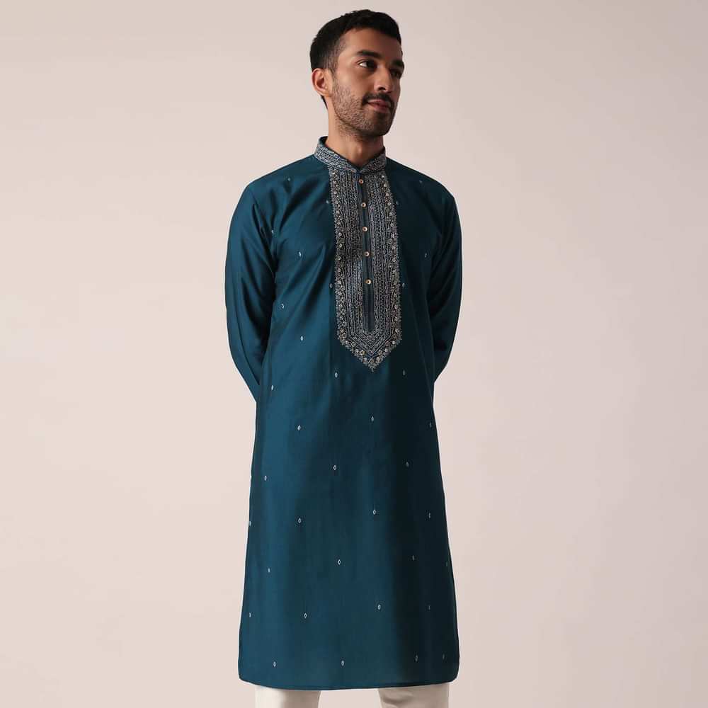 Teal Cotton Silk Kurta Set For Men