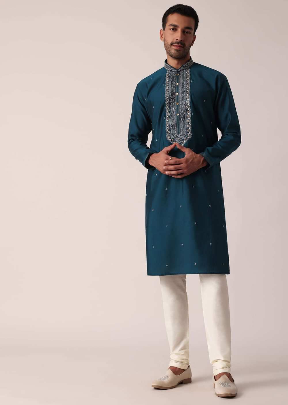 Teal Cotton Silk Kurta Set For Men