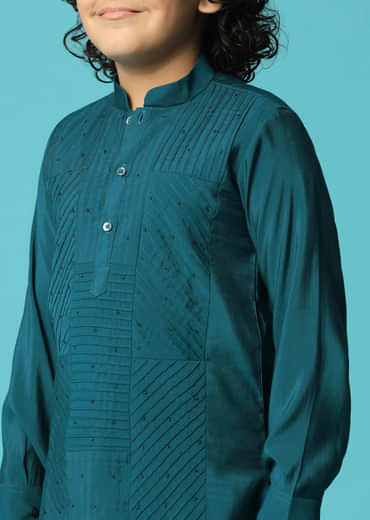 Teal Embroidered Silk Kurta Pant For Boys