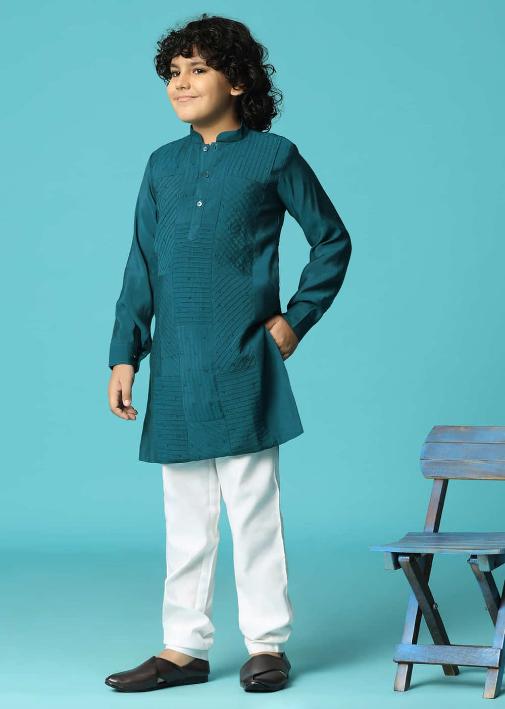 Teal Embroidered Silk Kurta Pant For Boys