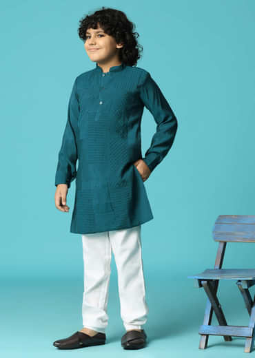 Teal Embroidered Silk Kurta Pant For Boys