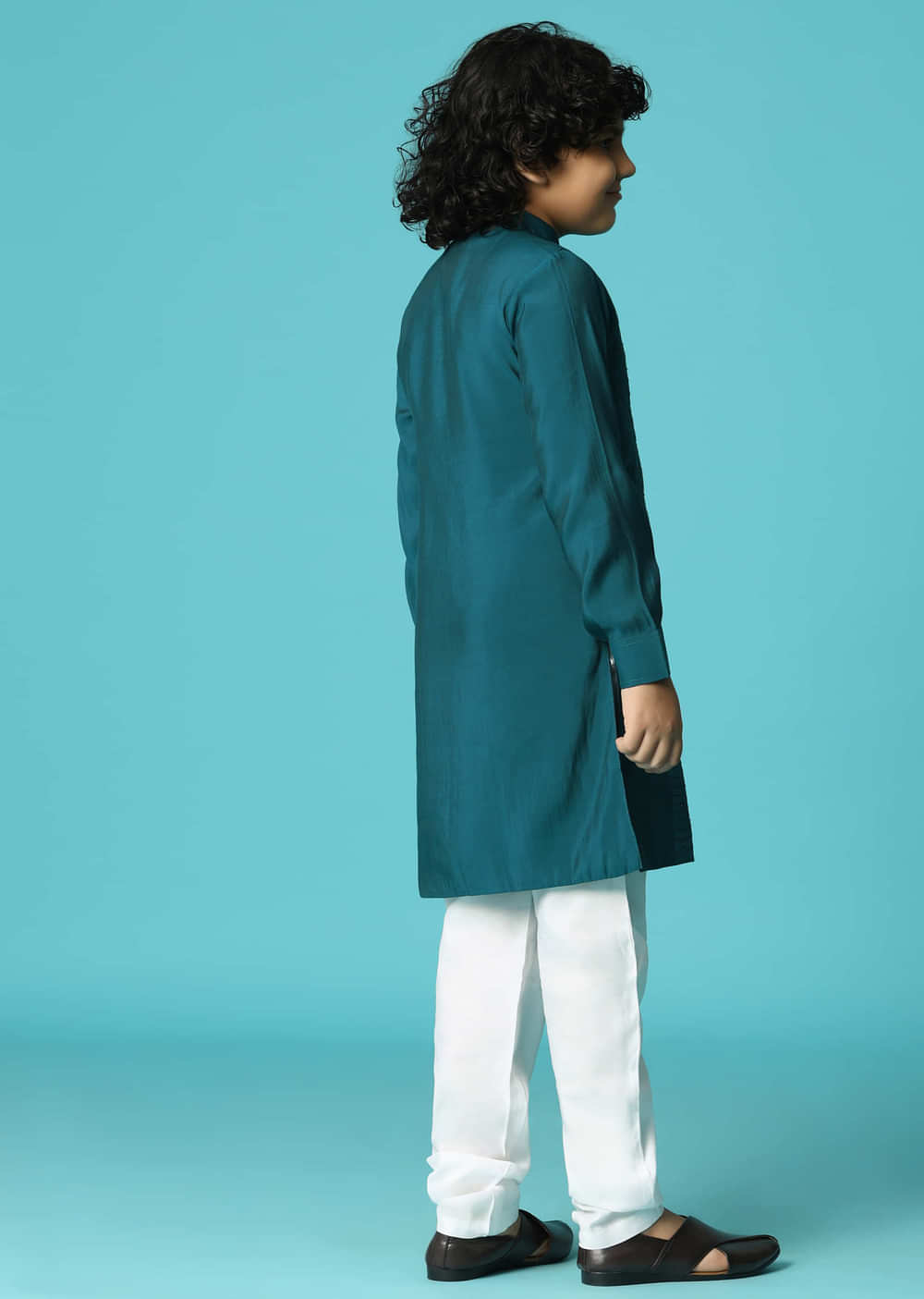 Teal Embroidered Silk Kurta Pant For Boys