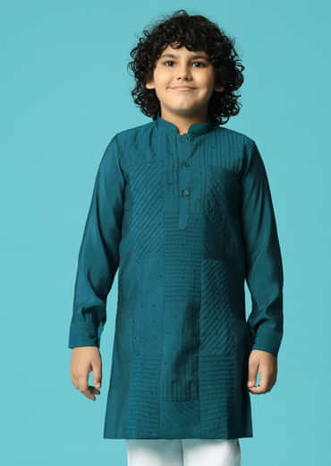 Teal Embroidered Silk Kurta Pant For Boys