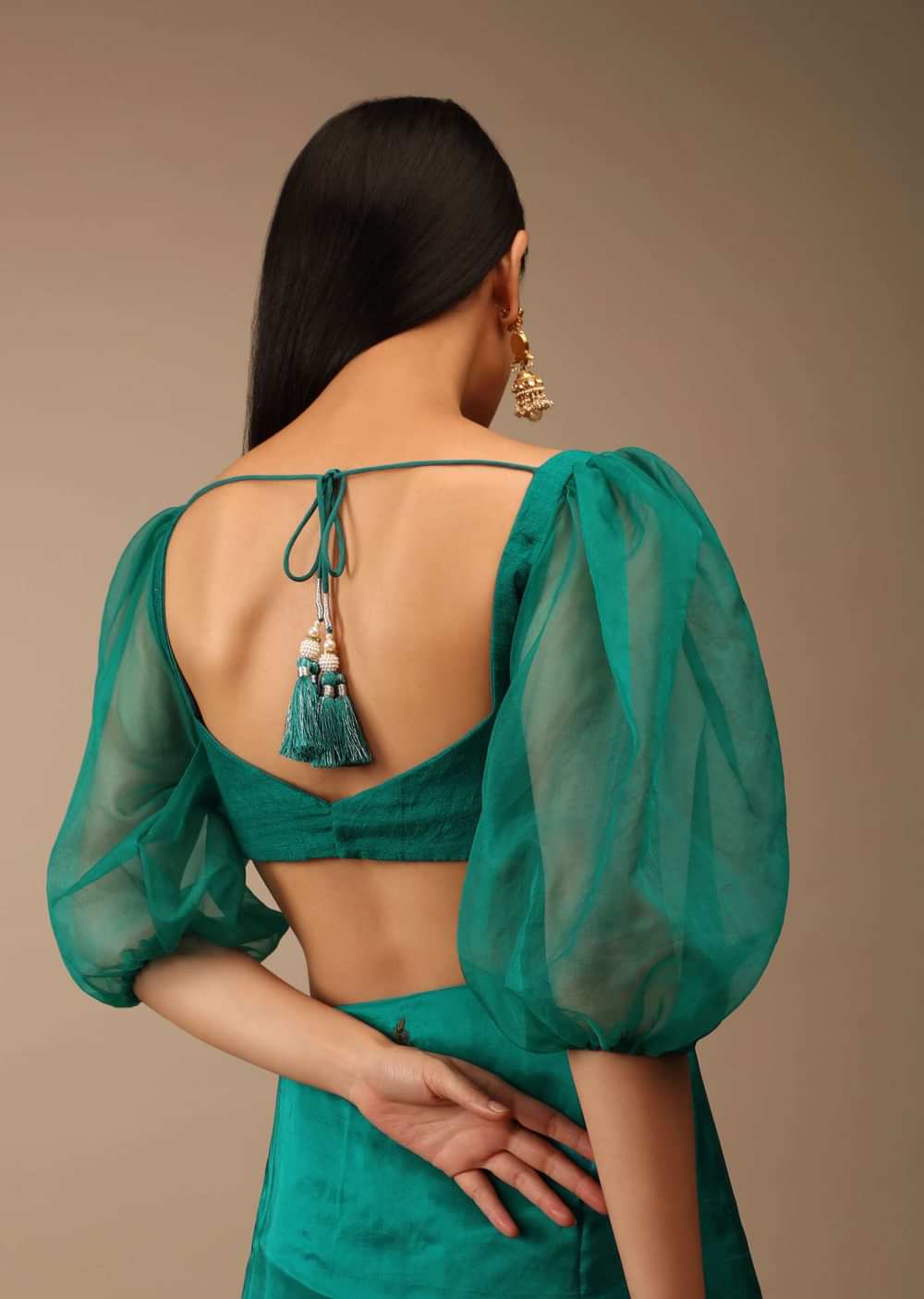 Teal Green Blouse In Raw Silk With Three Quarter Sleeves And Sweetheart Neckline