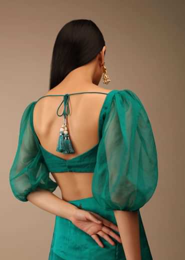 Teal Green Blouse In Raw Silk With Three Quarter Sleeves And Sweetheart Neckline