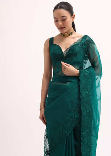 Teal Green Organza Saree With Unstitched Blouse