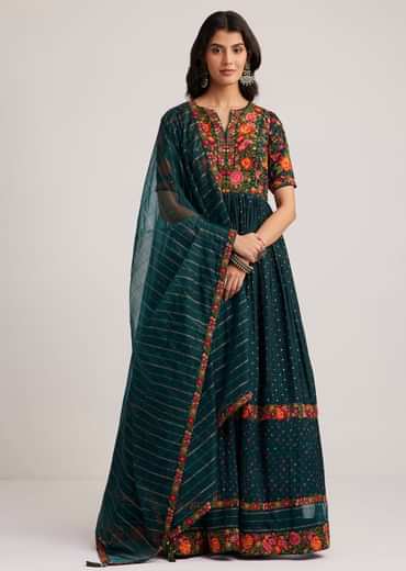Teal Green Silk Bandhani Anarkali With Organza Dupatta