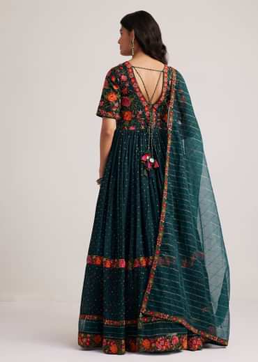 Teal Green Silk Bandhani Anarkali With Organza Dupatta