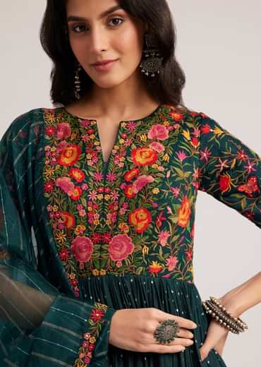 Teal Green Silk Bandhani Anarkali With Organza Dupatta