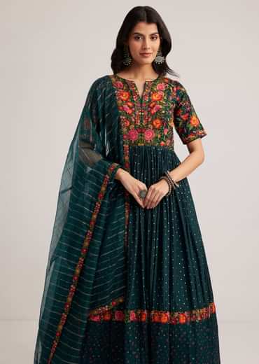 Teal Green Silk Bandhani Anarkali With Organza Dupatta