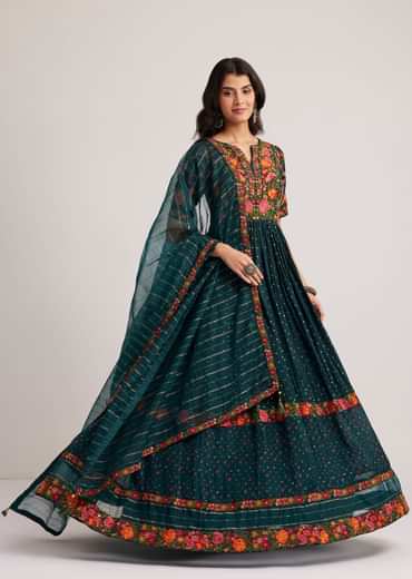 Teal Green Silk Bandhani Anarkali With Organza Dupatta