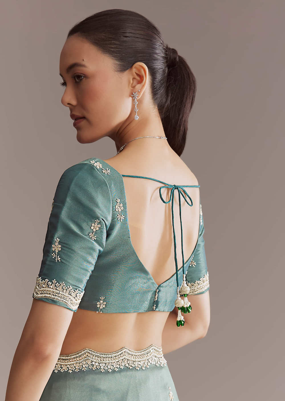 Teal Green Silk Saree With Bead And Sequin Embroidery