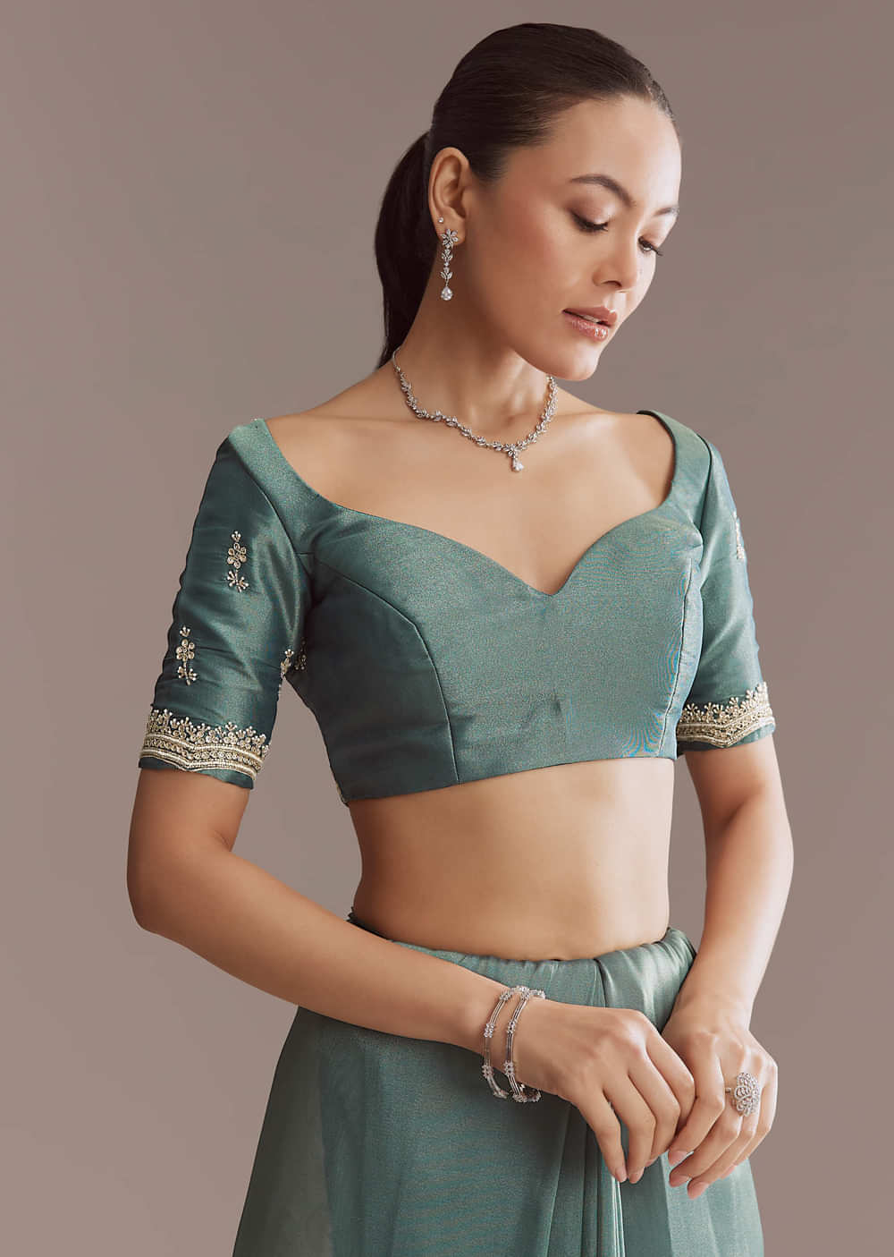 Teal Green Silk Saree With Bead And Sequin Embroidery