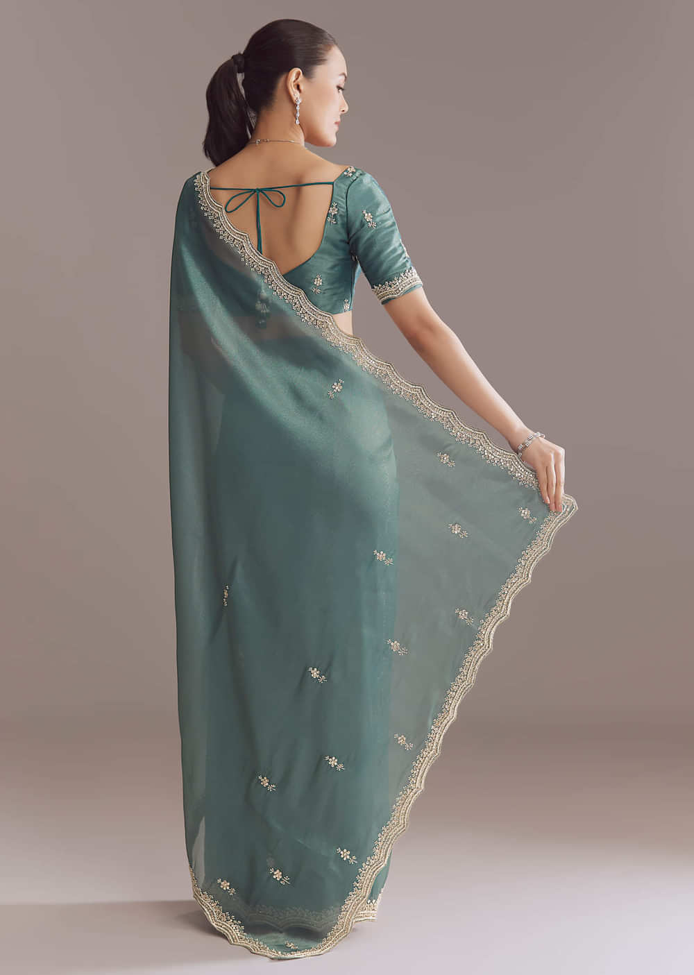 Teal Green Silk Saree With Bead And Sequin Embroidery
