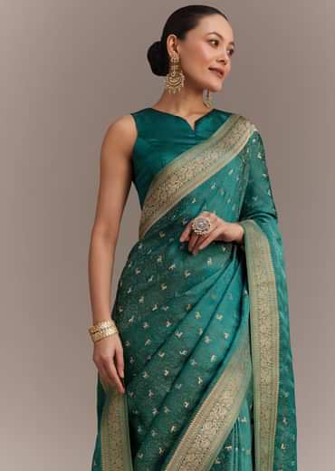 Teal Green Tissue Silk Saree With Zari Border Butti And Pallu