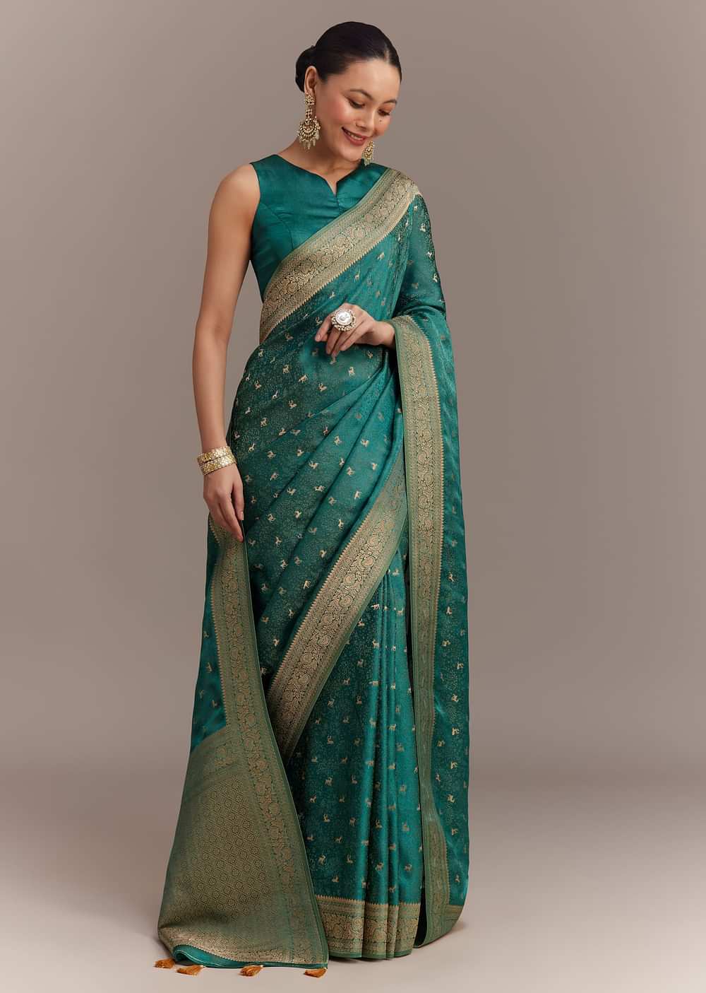 Teal Green Tissue Silk Saree With Zari Border Butti And Pallu