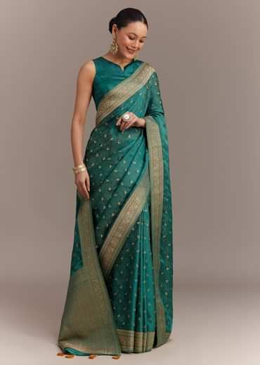 Teal Green Tissue Silk Saree With Zari Border Butti And Pallu