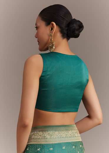 Teal Green Tissue Silk Saree With Zari Border Butti And Pallu