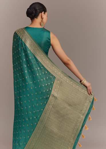 Teal Green Tissue Silk Saree With Zari Border Butti And Pallu