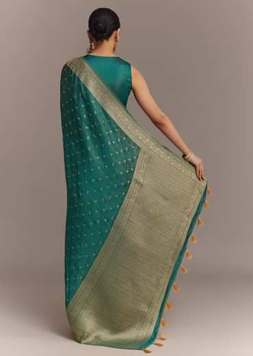 Teal Green Tissue Silk Saree With Zari Border Butti And Pallu