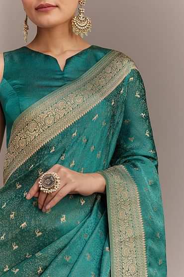 Teal Green Tissue Silk Saree With Zari Border Butti And Pallu