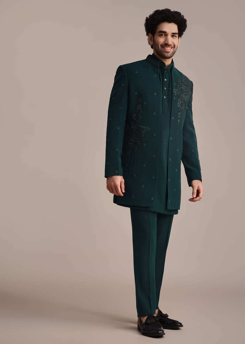 Teal Indowestern Set With Hand Work For Men
