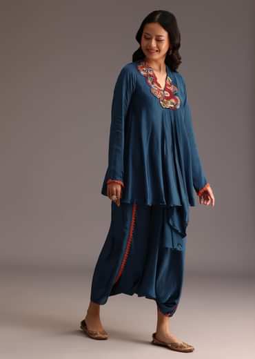 Teal Resham Work Kurti And Bohemian Dhoti