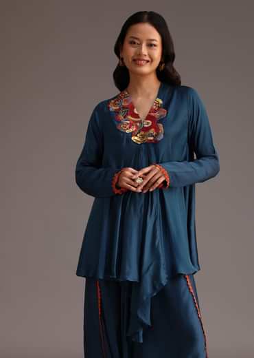 Teal Resham Work Kurti And Bohemian Dhoti