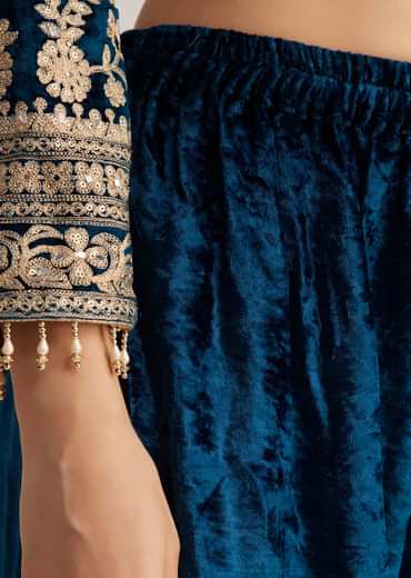Teal Velvet Embroidered Palazzo Suit