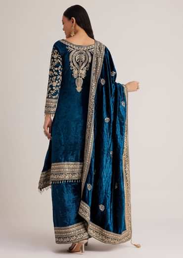 Teal Velvet Embroidered Palazzo Suit