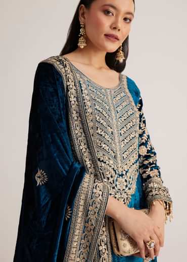 Teal Velvet Embroidered Palazzo Suit