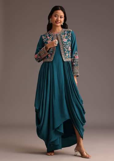 Teal Zardosi Embroidered Dhoti Style Gown With Jacket