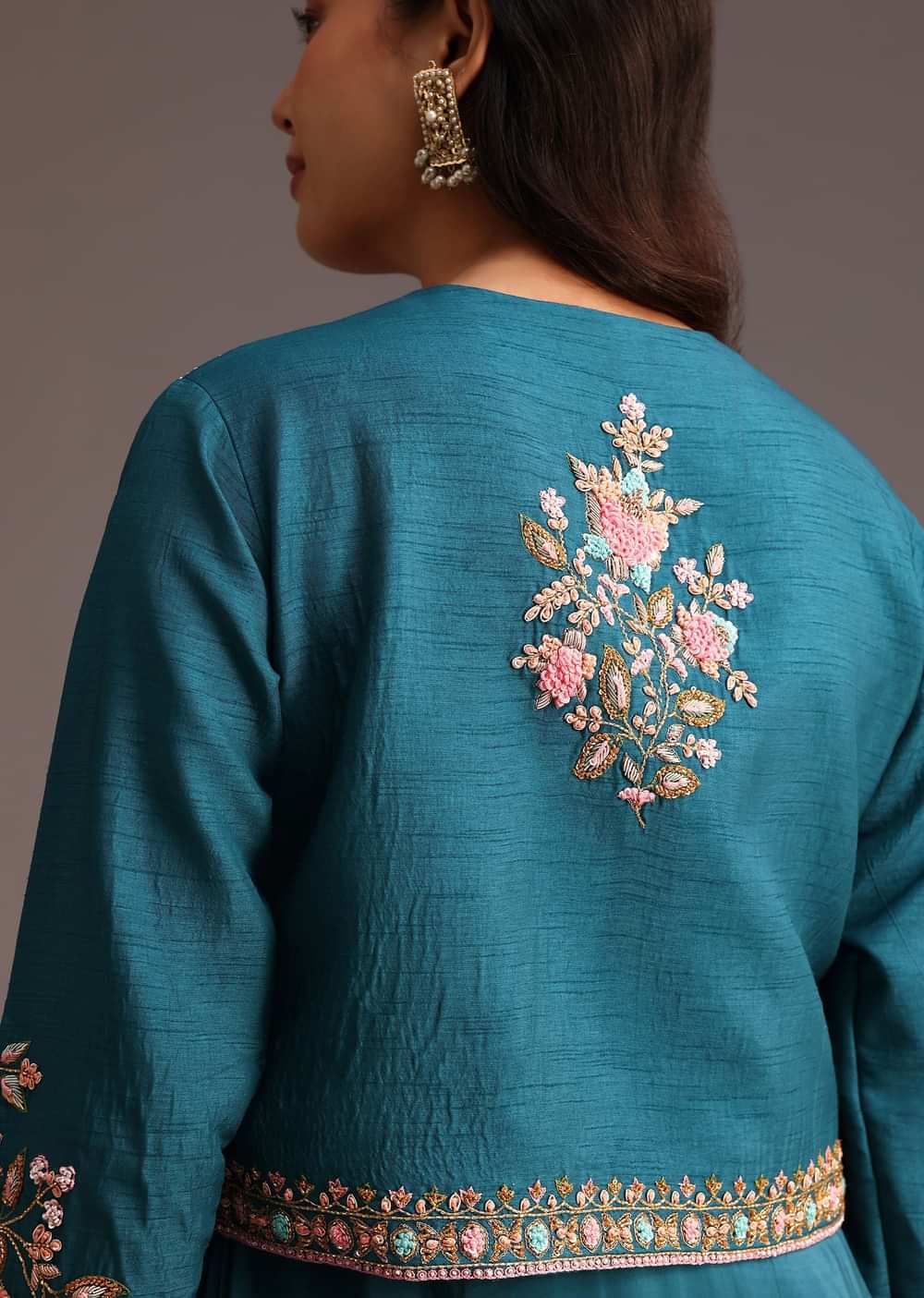 Teal Zardosi Embroidered Dhoti Style Gown With Jacket
