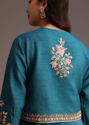 Teal Zardosi Embroidered Dhoti Style Gown With Jacket