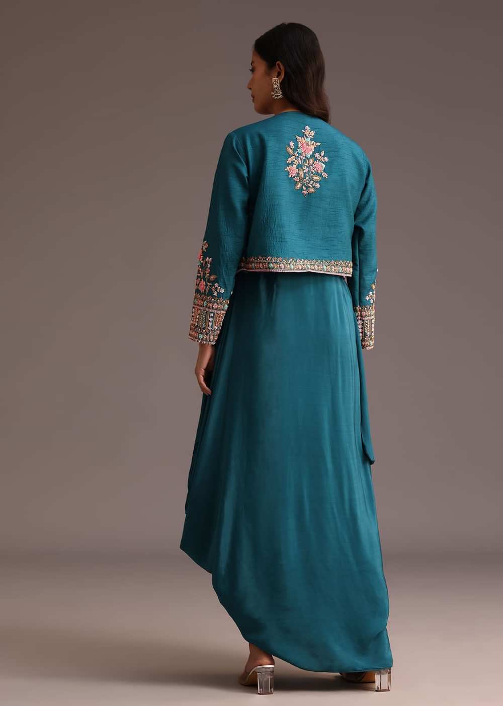 Teal Zardosi Embroidered Dhoti Style Gown With Jacket