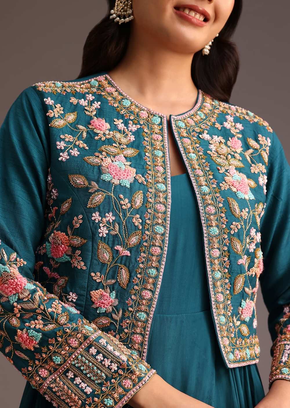 Teal Zardosi Embroidered Dhoti Style Gown With Jacket