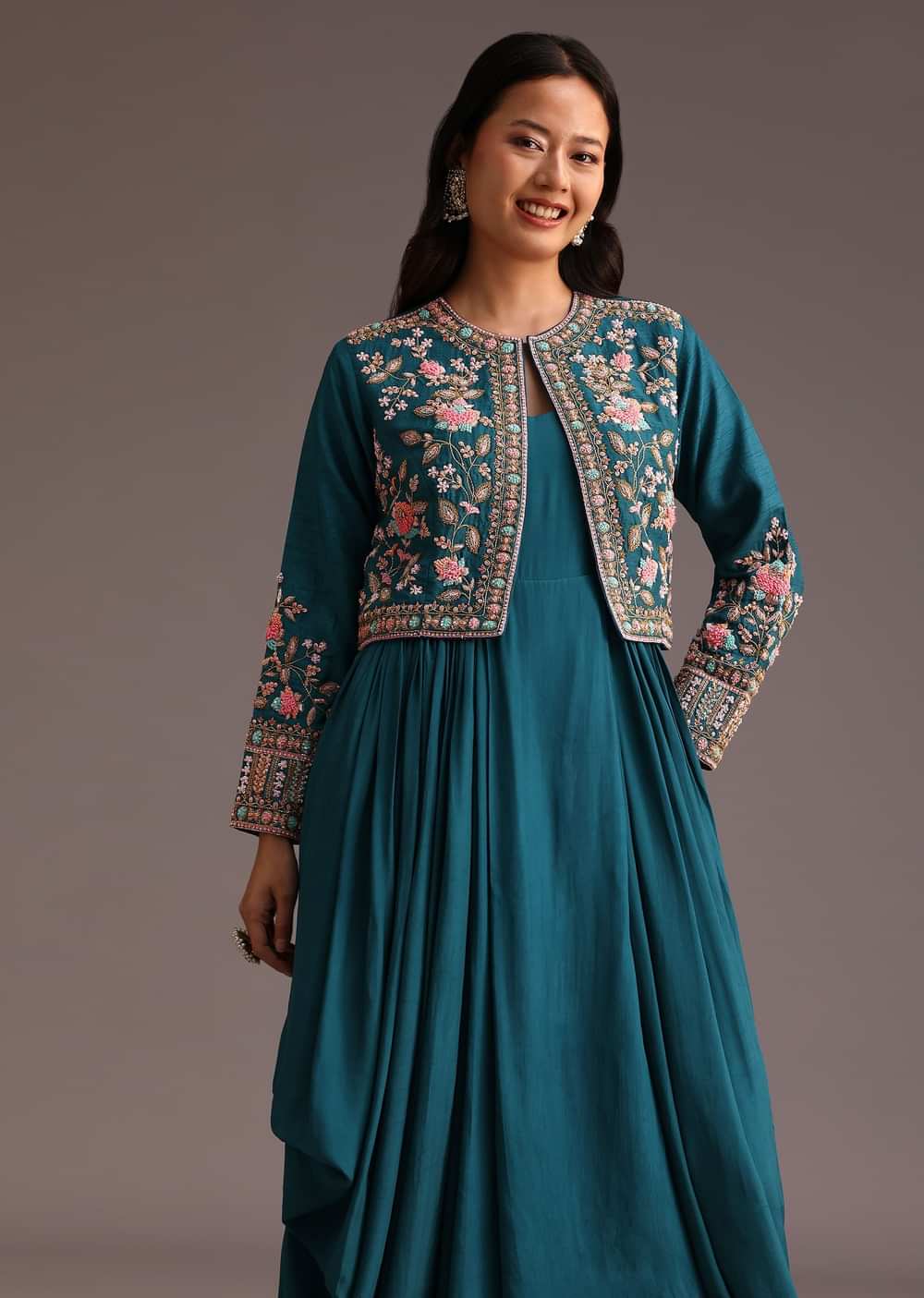 Teal Zardosi Embroidered Dhoti Style Gown With Jacket