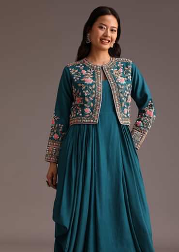 Teal Zardosi Embroidered Dhoti Style Gown With Jacket