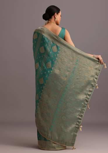 Teal Zari Work Satin Silk Woven Saree And Brocade Border