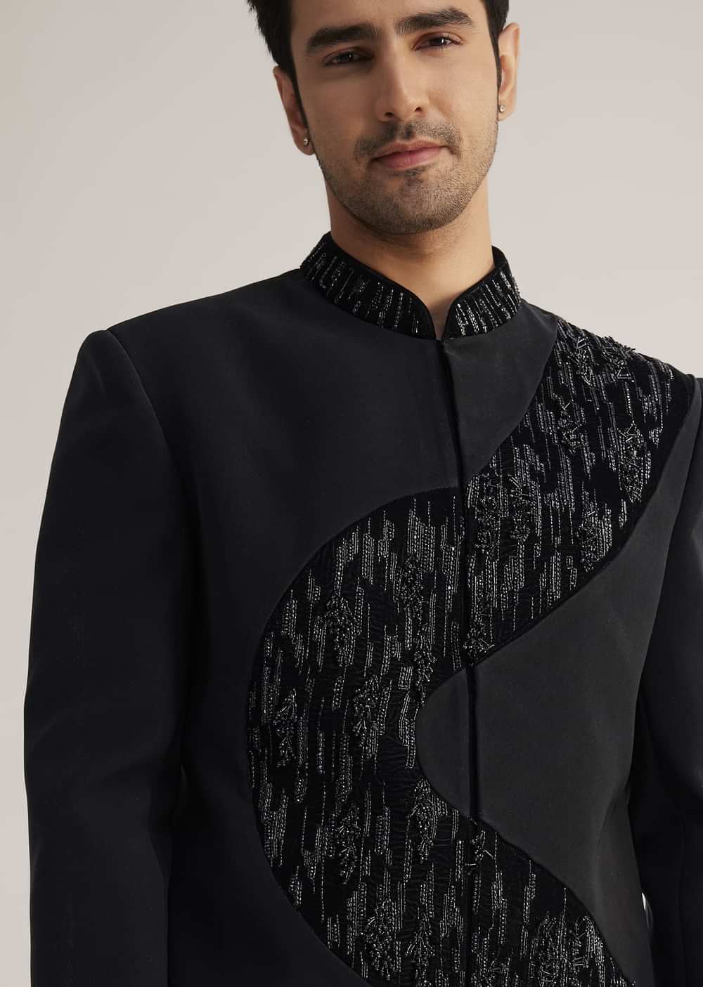 Black Velvet Indowestern Set With Cut Work Embroidery