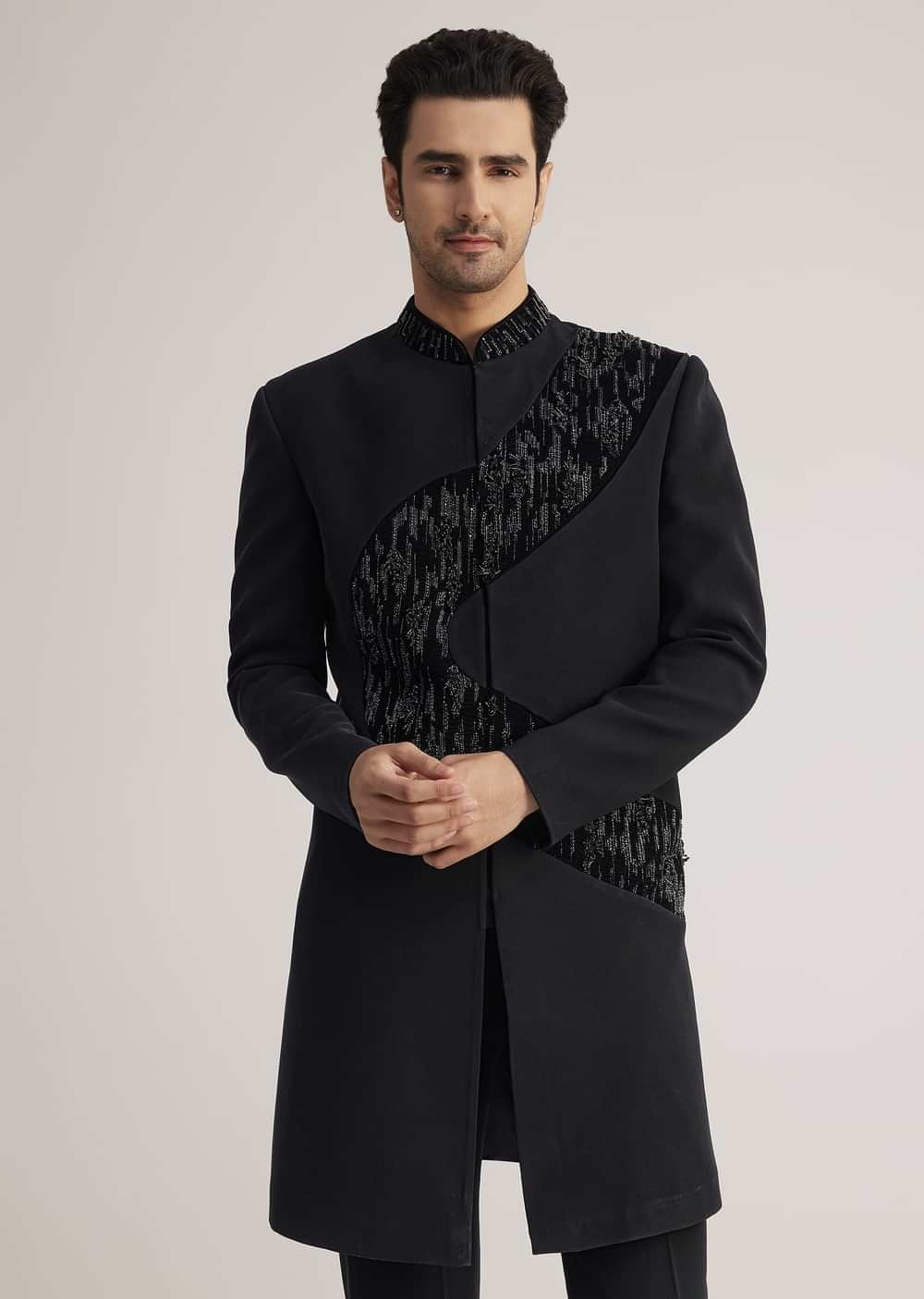 Black Velvet Indowestern Set With Cut Work Embroidery